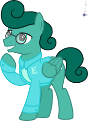 Size: 4000x5529 | Tagged: safe, artist:melisareb, imported from derpibooru, part of a set, pegasus, pony, .svg available, alphabet lore, clothes, crossover, e, lidded eyes, male, raised hoof, simple background, smiling, solo, species swap, stallion, teeth, topwear, transparent background, vector, wings