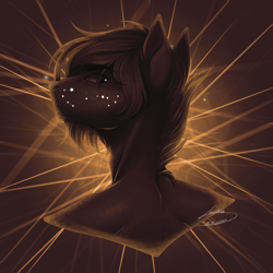 Size: 3000x3000 | Tagged: safe, artist:lunciakkk, imported from derpibooru, oc, oc only, oc:simir, earth pony, abstract background, bust, constellation, constellation freckles, freckles, portrait, scorpio (constellation), solo