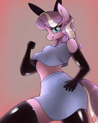 Size: 2000x2500 | Tagged: safe, alternate version, artist:naen, imported from derpibooru, diamond tiara, anthro, earth pony, plantigrade anthro, bra, bunny ears, clothes, female, gloves, latex, latex gloves, latex stockings, looking at you, looking down, looking down at you, mare, older, older diamond tiara, shirt, skirt, smiling, solo, stockings, thigh highs, underwear