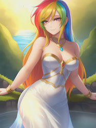Size: 600x800 | Tagged: safe, imported from derpibooru, rainbow dash, human, equestria girls, ai content, ai generated, bare shoulders, beautiful, bracer, breasts, busty rainbow dash, clothes, dress, female, gem, generator:novelai, generator:stable diffusion, gold, humanized, jewelry, long hair, necklace, pixiv, prompter:sammykun, shoulderless, sleeveless, slim, solo, strapless, white dress