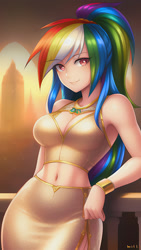 Size: 864x1536 | Tagged: safe, imported from derpibooru, rainbow dash, human, equestria girls, ai content, ai generated, bare shoulders, beautiful, bracer, breasts, busty rainbow dash, clothes, dress, female, gem, generator:novelai, generator:stable diffusion, gold, humanized, jewelry, long hair, looking at you, midriff, necklace, pixiv, ponytail, prompter:sammykun, railing, shoulderless, sleeveless, slim, solo