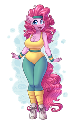 Size: 2208x3508 | Tagged: safe, artist:dandy, imported from derpibooru, pinkie pie, anthro, earth pony, unguligrade anthro, aerobics, belt, big breasts, blushing, breasts, busty pinkie pie, chest fluff, cleavage, clothes, ear fluff, female, happy, headband, heart, heart eyes, high res, leg warmers, leggings, leotard, looking at you, open mouth, open smile, pants, shoes, simple background, smiling, sneakers, socks, solo, spandex, white background, wingding eyes, wristband