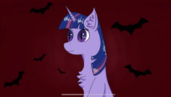 Size: 1461x828 | Tagged: safe, artist:nismorose, imported from derpibooru, twilight sparkle, bat, bat pony, bat pony unicorn, hybrid, pony, unicorn, bat ponified, chest fluff, ear fluff, ear tufts, eye clipping through hair, eyelashes, fangs, horn, race swap, red background, simple background, sitting, slit pupils, smiling, twibat