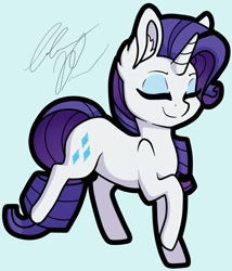 Size: 2467x2877 | Tagged: safe, artist:gleamydreams, imported from derpibooru, rarity, pony, unicorn, blue background, ear fluff, eyes closed, female, horn, mare, raised hoof, simple background, smiling, solo, walking