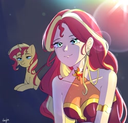 Size: 2048x1967 | Tagged: safe, artist:shagin_, imported from derpibooru, sunset shimmer, human, pony, unicorn, bare shoulders, female, humanized, sleeveless, smiling, solo
