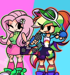 Size: 1958x2100 | Tagged: safe, artist:simplementeyeu, imported from derpibooru, fluttershy, rainbow dash, human, clothes, duo, female, flutterdash, friday night funkin', hat, humanized, lesbian, microphone, rainbow socks, shipping, skirt, socks, striped socks