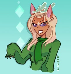 Size: 978x1019 | Tagged: safe, artist:hotots, imported from derpibooru, cashmere (tfh), anthro, deer, them's fightin' herds, antlers, bust, clothes, community related, female, glasses, gritted teeth, lipstick, looking at you, scarf, solo, sweater, teeth