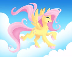 Size: 4096x3277 | Tagged: safe, artist:artsy_otter, imported from derpibooru, fluttershy, pegasus, pony, chest fluff, cloud, colored hooves, eyes closed, female, flying, mare, open mouth, sky, solo, spread wings, unshorn fetlocks, wings