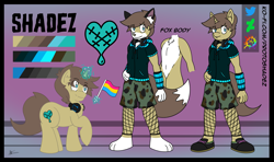Size: 3655x2160 | Tagged: safe, artist:protoshadez, imported from derpibooru, oc, oc:shadez, anthro, fox, pony, unicorn, anthro oc, anthro with ponies, furry, furry oc, pansexual, pansexual pride flag, pride, pride flag, reference sheet