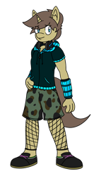 Size: 1190x2078 | Tagged: safe, artist:protoshadez, imported from derpibooru, oc, oc only, oc:shadez, anthro, unicorn, arm warmers, blue eyes, brown mane, camouflage, clothes, fishnets, fluffy, headphones, hoodie, horn, simple background, solo, transparent background, unicorn oc