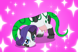 Size: 3187x2125 | Tagged: safe, artist:badumsquish, derpibooru exclusive, imported from derpibooru, rarity, chimera, cow, cow pony, hybrid, monster pony, original species, pony, snake, snake pony, abstract background, bedroom eyes, cattlesnake, cloven hooves, cowprint, eyeshadow, fabulous, female, long neck, looking at you, makeup, mare, mother 3, necc, ponified, raricow, rarisnake, show accurate, snake tail, solo, sparkles, species swap, tail, udder, unshorn fetlocks, video game, video game reference