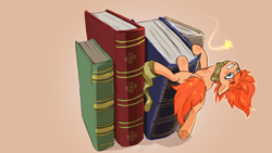 Size: 1920x1080 | Tagged: safe, artist:kirby_orange, imported from derpibooru, oc, oc only, oc:rusty gears, earth pony, pony, book, bookshelf, climbing, clothes, female, mare, micro, scarf, simple background, size difference, sock, socks, solo, striped scarf, striped socks, tiny, tiny ponies