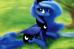 Size: 1920x1280 | Tagged: safe, derpibooru exclusive, editor:dovakkins, imported from derpibooru, princess luna, alicorn, pony, ai content, ai generated, bush, cute, ethereal mane, female, galaxy mane, generator:stable diffusion, grass, grass field, jewelry, looking at you, lunabetes, peytral, regalia, sitting, smiling, smiling at you, solo, wings