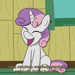 Size: 1000x1000 | Tagged: safe, artist:unitxxvii, imported from derpibooru, sweetie belle, pony, unicorn, clubhouse, crusaders clubhouse, female, open mouth, singing, solo, vulgar