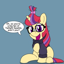 Size: 1500x1500 | Tagged: safe, artist:unitxxvii, imported from derpibooru, moondancer, pony, unicorn, clothes, dialogue, female, glasses, implied twilight sparkle, mare, raised hoof, solo, sweater
