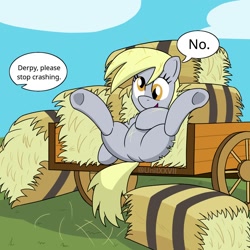 Size: 1500x1500 | Tagged: safe, artist:unitxxvii, imported from derpibooru, derpy hooves, pegasus, pony, butt, cart, cute, derpabetes, female, hay, hay bale, plot, solo, speech bubble