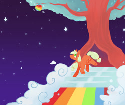 Size: 1900x1600 | Tagged: safe, artist:mumpsetc, imported from derpibooru, applejack, earth pony, pony, apple, detailed background, female, food, mare, rainbow, solo, stairs, stars, tree, zap apple
