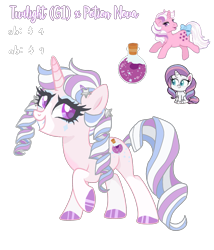 Size: 1327x1551 | Tagged: safe, artist:mint-light, artist:vernorexia, imported from derpibooru, potion nova, oc, pony, unicorn, adoptable, adoptable open, auction, base used, coat markings, colored hooves, curly mane, fusion, g1, g4.5, gradient horn, hooves, horn, multicolored hair, next generation, pigtails, price, request, simple background, socks (coat markings), solo, transparent background