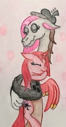 Size: 1374x2650 | Tagged: safe, artist:gracefulart693, imported from derpibooru, oc, oc only, draconequus, pony, unicorn, draconequus oc, duo, eyes closed, female, horn, hug, mare, traditional art, unicorn oc