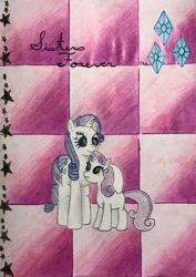 Size: 2516x3546 | Tagged: safe, artist:gracefulart693, imported from derpibooru, rarity, sweetie belle, pony, unicorn, abstract background, duo, female, filly, foal, mare, raised hoof, traditional art