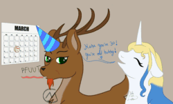 Size: 1792x1080 | Tagged: safe, artist:loopina, artist:maître cervidé, imported from derpibooru, oc, oc:renn, oc:strong arrow, deer, unicorn, animated, bald, beard, birthday, collaboration, couple, duo, facial hair, gif, hat, magic, male, party hat, petpet, ponysona, simple background