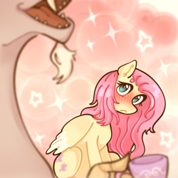 Size: 2048x2048 | Tagged: safe, artist:nkasmia, imported from derpibooru, discord, fluttershy, draconequus, pegasus, pony, beard, blushing, cup, duo, facial hair, female, glare, implied discoshy, implied shipping, implied straight, laughing, mare, stars, teacup, teeth