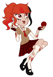 Size: 2064x3000 | Tagged: safe, artist:kb-gamerartist, artist:rose-blade, imported from derpibooru, oc, oc only, oc:sweet craze, human, equestria girls, bandage, base used, blood, clothes, commission, crying, ear piercing, earring, equestria girls-ified, eyeshadow, female, fingerless gloves, flats, gloves, jewelry, lip piercing, lipstick, makeup, mirror, multicolored hair, necktie, nose piercing, open mouth, piercing, ripped stockings, running makeup, running mascara, school uniform, shoes, simple background, skirt, solo, stockings, tattoo, thigh highs, torn clothes, transparent background