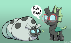 Size: 2532x1544 | Tagged: safe, artist:heretichesh, imported from derpibooru, oc, oc only, oc:yvette (evan555alpha), changeling, changeling larva, nymph, changeling oc, chunkling, cute, cuteling, dialogue, duo, fat, female, floating heart, glasses, gradient background, green changeling, grub, heart, open mouth, open smile, smiling, speech bubble