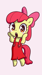 Size: 785x1401 | Tagged: safe, artist:fipoki, imported from derpibooru, apple bloom, earth pony, pony, semi-anthro, adorabloom, blushing, cute, female, filly, foal, looking at you, open mouth, pink background, simple background, solo, suspenders, wow