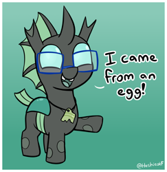 Size: 1448x1488 | Tagged: safe, artist:heretichesh, imported from derpibooru, oc, oc only, oc:yevan, changeling, changeling oc, cute, cuteling, dialogue, eggshell, glasses, gradient background, green changeling, jewelry, necklace, solo, tooth gap