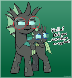 Size: 1836x1989 | Tagged: safe, artist:heretichesh, imported from derpibooru, oc, oc only, oc:yevan, oc:yvette (evan555alpha), changeling, baby changeling, changeling oc, cute, cuteling, dialogue, duo, gap teeth, glasses, gradient background, green changeling, tooth gap