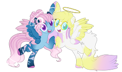 Size: 3492x2071 | Tagged: safe, artist:makotomt, artist:rose-blade, imported from derpibooru, oc, oc only, oc:angel lights, oc:merry skies, angel pony, original species, pegasus, pony, angel, base used, commission, duo, ear piercing, earring, female, glasses, halo, jewelry, lesbian, markings, multiple wings, oc x oc, open mouth, piercing, shipping, simple background, transparent background, unshorn fetlocks, wings