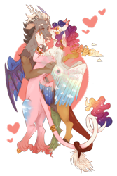 Size: 1200x1800 | Tagged: safe, artist:xxoopsiedaisiexx, imported from derpibooru, discord, princess celestia, draconequus, alternate design, celestequus, cuddling, dislestia, draconequified, female, heart, hug, leonine tail, long feather, male, mare, shipping, simple background, species swap, straight, tail, transparent background, unshorn fetlocks