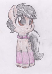 Size: 1042x1464 | Tagged: safe, artist:foxtrot3, imported from derpibooru, oc, oc only, oc:velvet cake, earth pony, pony, black mane, brown eyes, clothes, collar, female, hoofless socks, mare, socks, solo