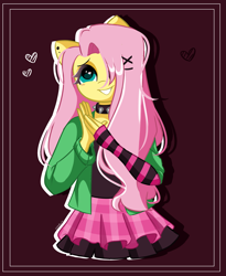 Size: 2285x2785 | Tagged: safe, artist:kittyrosie, imported from derpibooru, fluttershy, anthro, pegasus, alternate hairstyle, choker, clothes, cute, draw this in your style, dtiys emoflat, ear piercing, earring, grin, heart, hoodie, jewelry, piercing, shyabetes, skirt, smiling, solo, spiked choker, tanktop