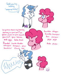 Size: 590x720 | Tagged: safe, artist:dsstoner, imported from derpibooru, fancypants, pinkie pie, earth pony, pony, unicorn, comic:pinkiepants!, comic, dialogue, duo, female, laughing, male, pinkiepants, shipping, simple background, straight, wheeze, white background