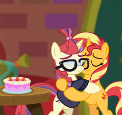 Size: 6012x5664 | Tagged: safe, artist:emeraldblast63, imported from derpibooru, sunset shimmer, pony, unicorn, comic:the tale of two sunsets, absurd resolution, bipedal, cake, clothes, duo, eyes closed, female, food, glasses, hug, mare, standing on two hooves, story included, sweater, table