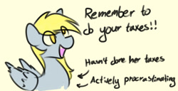 Size: 1457x748 | Tagged: safe, artist:manicpanda, imported from derpibooru, derpy hooves, pegasus, pony, arrow, cute, derpabetes, dialogue, eye clipping through hair, female, folded wings, horse taxes, hypocrisy, mare, open mouth, open smile, simple background, smiling, solo, talking, taxes, text, wings, yellow background