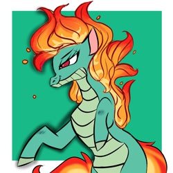 Size: 2000x2000 | Tagged: safe, artist:smokeytwilight, imported from derpibooru, dragon, hybrid, longma, them's fightin' herds, community related, eyelashes, female, mane of fire, red eyes, simple background, smiling, solo, tail, tail of fire, tianhuo (tfh)