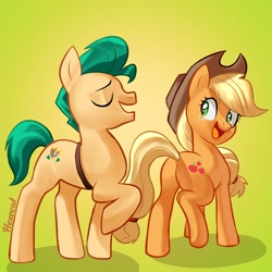 Size: 2500x2500 | Tagged: safe, artist:hexecat, imported from derpibooru, applejack, hitch trailblazer, earth pony, pony, applebutt, butt, cute, duo, duo male and female, eyebrows, eyes closed, female, g4, g5, g5 to g4, generation leap, green background, hat, high res, jackabetes, long mane, male, mare, open mouth, open smile, plot, raised hoof, shadow, signature, simple background, smiling, stallion