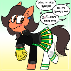 Size: 538x533 | Tagged: safe, artist:turbuggie, imported from derpibooru, oc, oc only, oc:robertapuddin, pony, blushing, cheerleader, gradient background, simp, solo, transgender