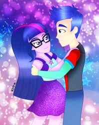 Size: 1621x2048 | Tagged: safe, artist:corlycolor, imported from derpibooru, flash sentry, sci-twi, twilight sparkle, human, equestria girls, dancing, duo, duo male and female, female, flashlight, glasses, holding each other, long hair, looking at each other, looking at someone, male, sciflash, shipping, straight