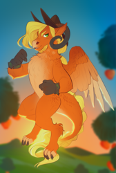 Size: 807x1200 | Tagged: safe, artist:schl4fy, imported from derpibooru, part of a set, applejack, dragon, apple, apple tree, applejack's hat, chest fluff, claws, clothes, cowboy hat, dragoness, dragonified, dragonjack, ears, eyebrows, female, floating, gloves, hat, horns, nostrils, orchard, pegasus wings, sky, snout, solo, species swap, tree, wings