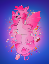 Size: 920x1200 | Tagged: safe, artist:schl4fy, imported from derpibooru, part of a set, pinkie pie, dragon, cake, claws, confetti, cupcake, dragoness, dragonified, ears, eyebrows, female, floating, food, gradient background, horns, nostrils, open mouth, open smile, pinkiedragon, smiling, snout, solo, species swap, wingding eyes, wings