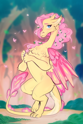 Size: 807x1200 | Tagged: safe, artist:schl4fy, imported from derpibooru, part of a set, fluttershy, dragon, cheek fluff, chest fluff, claws, colored wings, dragoness, dragonified, ears, eyebrows, female, floating, flower, flower in hair, flutterdragon, forest, hair over one eye, horns, nostrils, snout, solo, species swap, wings