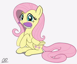 Size: 3856x3211 | Tagged: safe, artist:oleniandeer, imported from derpibooru, fluttershy, pegasus, pony, blushing, brush, cute, female, folded wings, hairbrush, high res, looking at you, mare, mouth hold, shyabetes, signature, simple background, sitting, smiling, smiling at you, solo, white background, wings