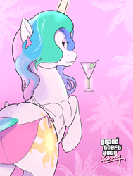 Size: 2500x3300 | Tagged: safe, artist:enonnnymous, imported from derpibooru, princess celestia, alicorn, pony, alcohol, bikini, bikini bottom, butt, clothes, cover art, cute, cutelestia, female, folded wings, grand theft auto, gta vice city, hair over one eye, high res, horn, jewelry, looking at you, looking back, looking back at you, magic, mare, martini, palm tree, parody, plot, praise the sun, raised hoof, smiling, smiling at you, solo, sunbutt, swimsuit, telekinesis, tree, video game crossover, wings