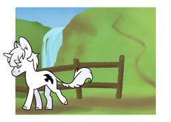 Size: 1280x910 | Tagged: safe, artist:sinclair2013, imported from derpibooru, oc, oc only, oc:evermore, pony, unicorn, fence, leonine tail, solo, tail, water, waterfall