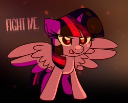 Size: 1600x1302 | Tagged: safe, artist:lbrcloud, imported from derpibooru, twilight sparkle, alicorn, pony, dialogue, fight me, flaming eyes, frown, glare, open mouth, solo, spread wings, twilight sparkle (alicorn), wingding eyes, wings