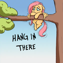 Size: 1000x1000 | Tagged: safe, artist:inkypuso, imported from derpibooru, fluttershy, pegasus, pony, adorable distress, cute, female, floppy ears, gradient background, hang in there, hanging, in a tree, mare, shyabetes, solo, teary eyes, text, tree, tree branch